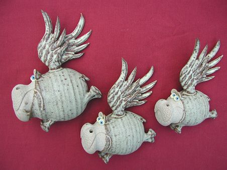  Pottery Flying Hippos - set of three 